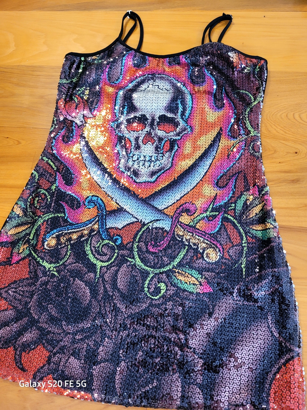 Ed Hardy Black Multicolor Sequin Skull & Swords Mini Dress Y2K Vintage Authentic